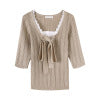 Lace Spliced Mock Two-Piece Knotted Knit Top for Women